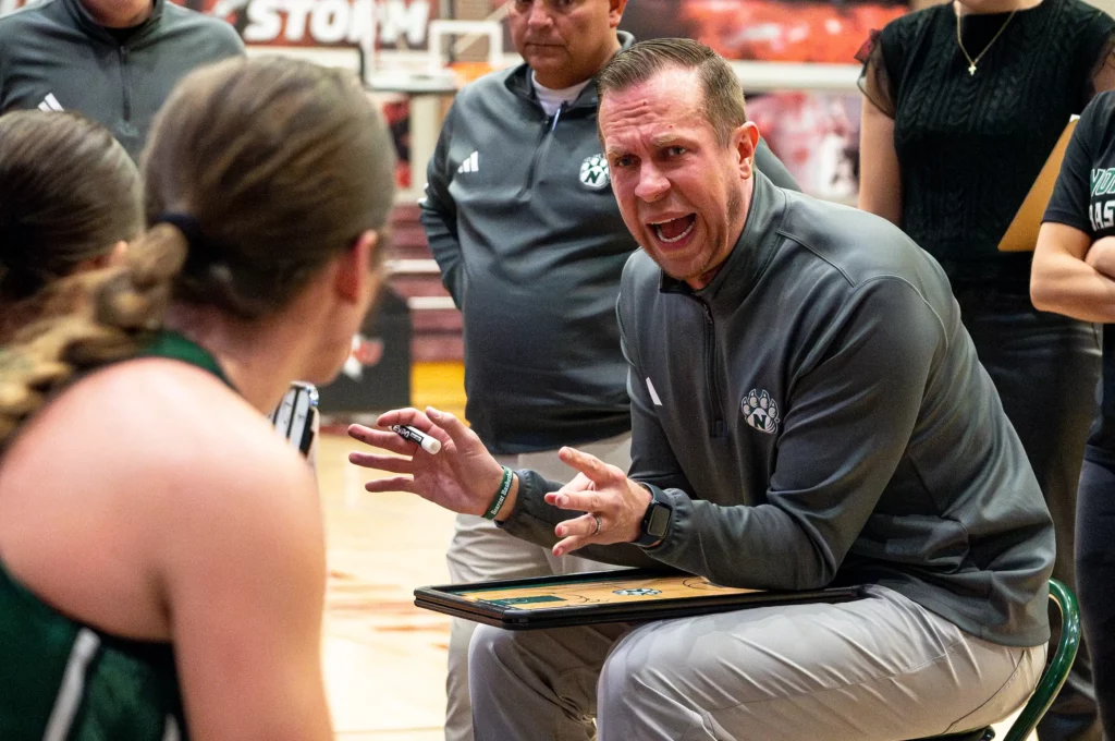 Northwest women's basketball coach Austin Meyer during the NCAA Central Region Tournament Quarterfinals.